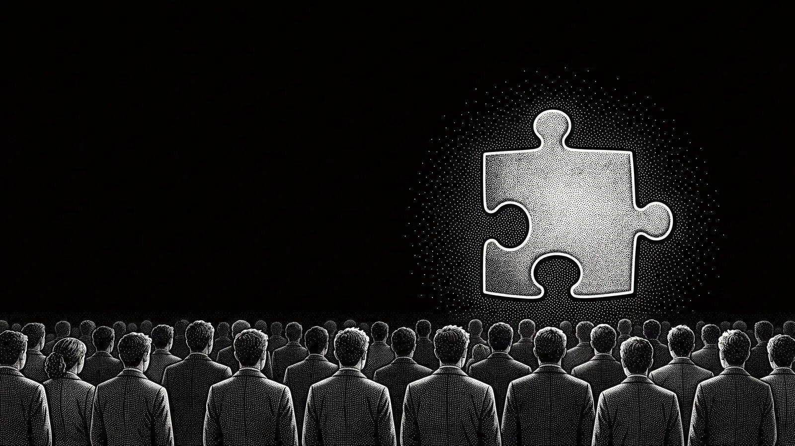 A stippled crowd seen from behind, looking up at a single glowing piece in the dark